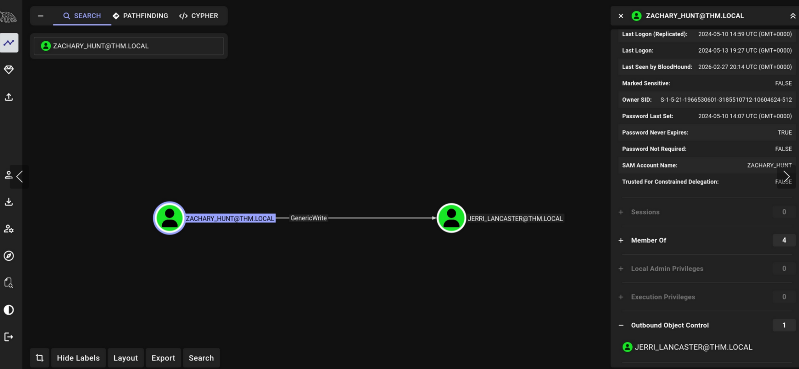 Bloodhound showing Kerberoastable path to JERRI_LANCASTER